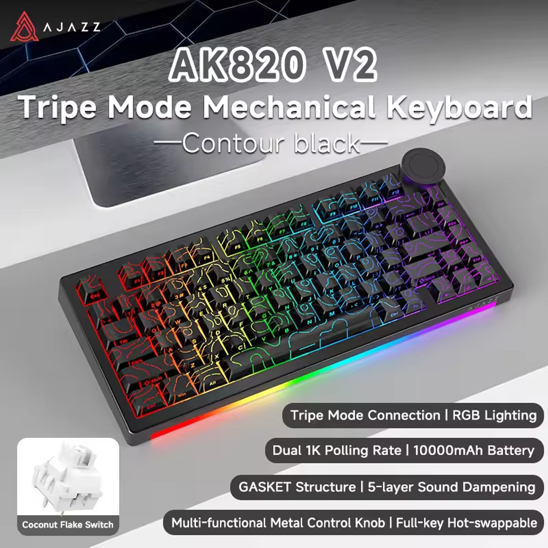 Ajazz AK820v2 RGB Tri-mode keyboard, Hot-swappable With Volume Knob