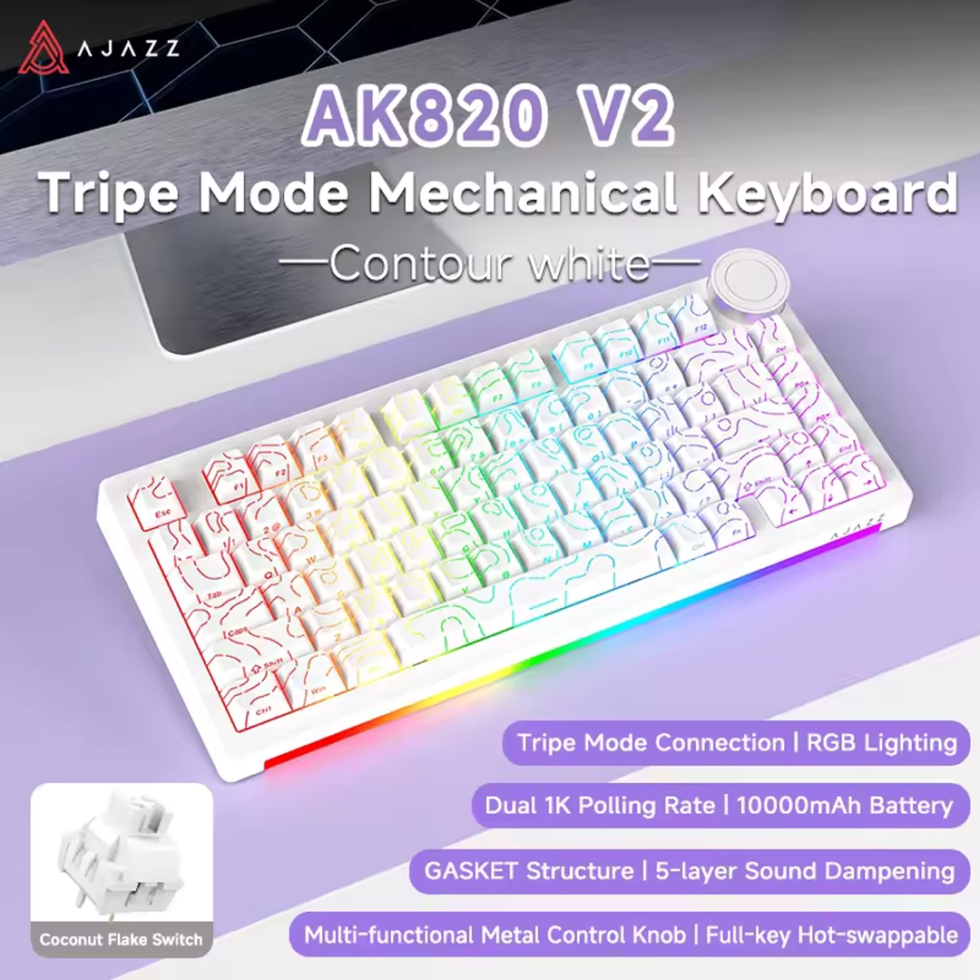 Ajazz AK820v2 RGB Tri-mode keyboard, Hot-swappable With Volume Knob
