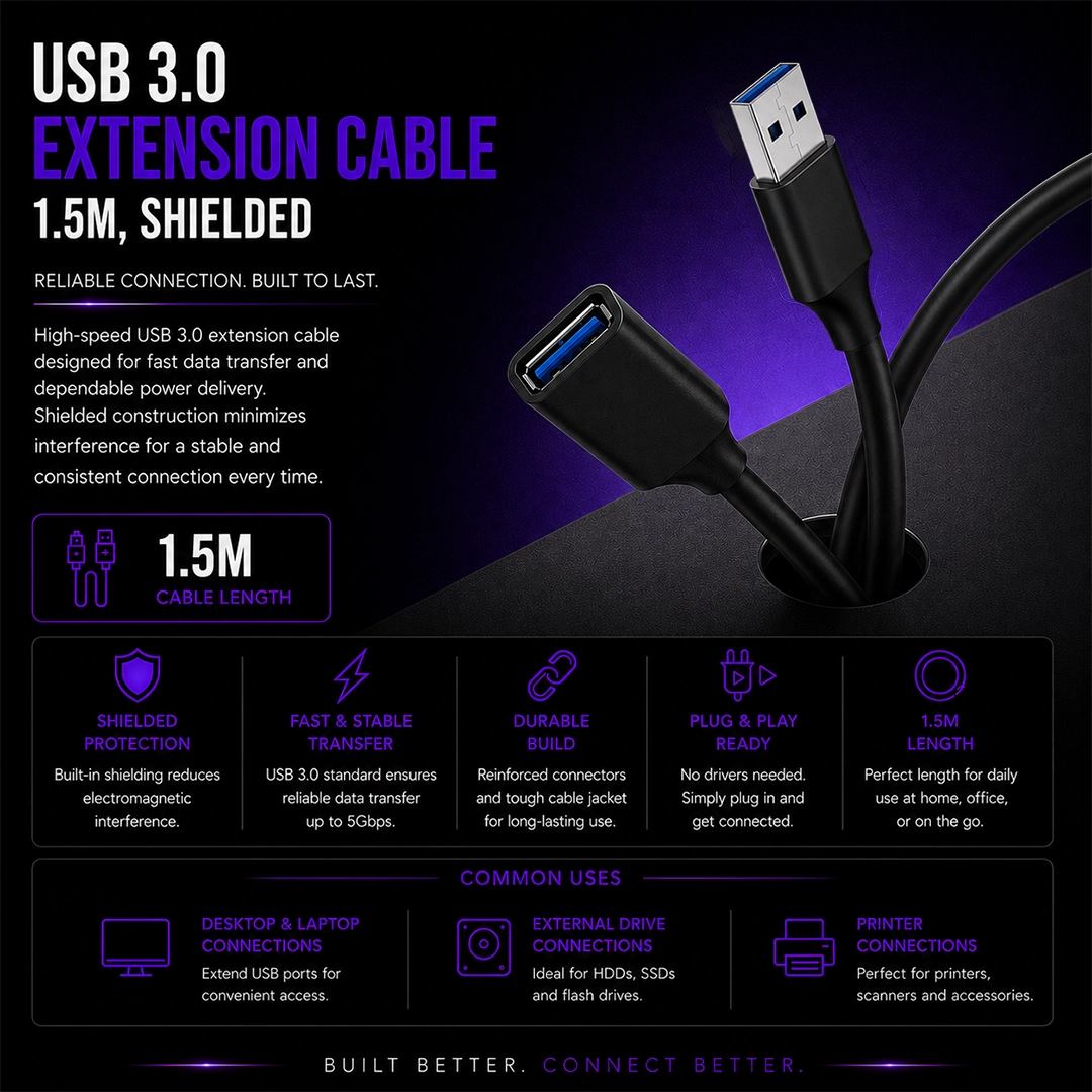 USB 3.0 Extention cable 1.5m, Shielded