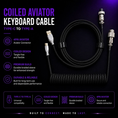 Coiled Aviator Cable for Keyboard Type-C to Type-A, Metal alloy connectors